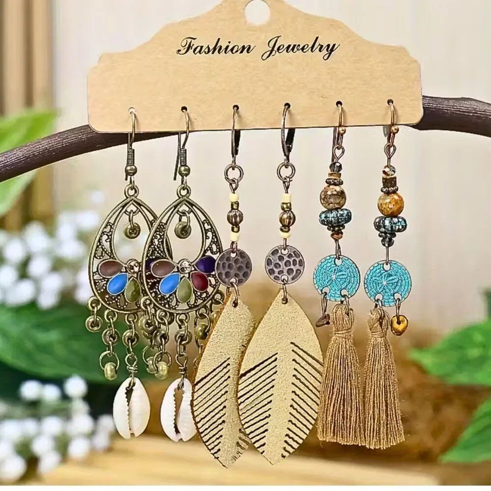 Bohemian Dangle Earrings 3 Pair Vintage-Inspired Fashion Aged Bronze Earrings